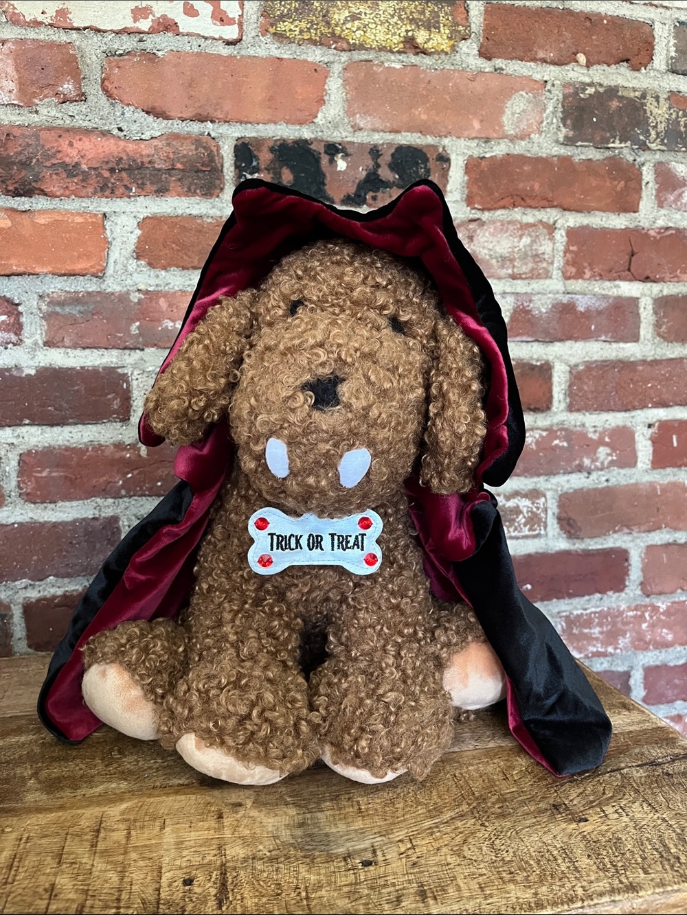 Pottery Barn Brown Plush Dog with Black and Burgundy Cape - Trick or Treat